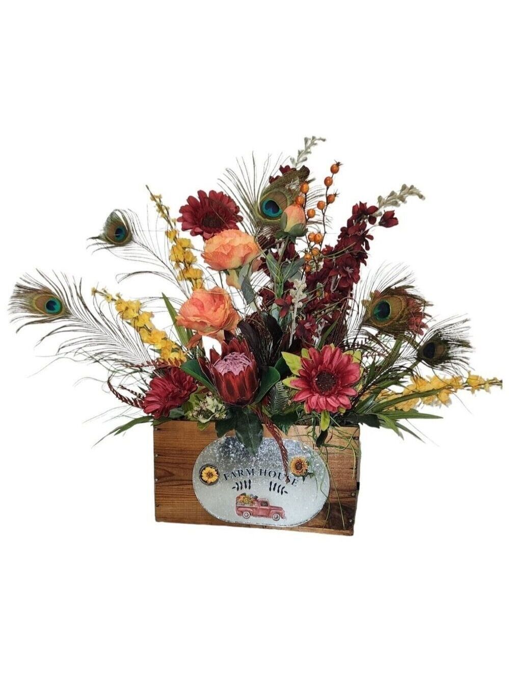 Farmhouse Floral Arrangement In Rustic Wooden Crate W/ Sunflowers & Peacock Feat